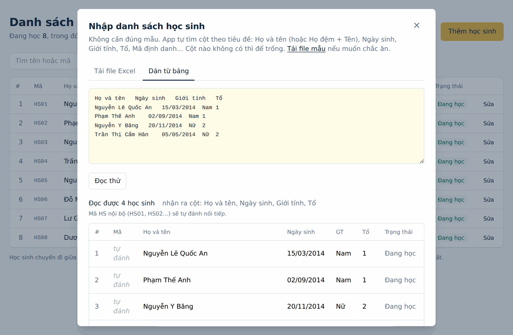 Dán danh sách từ Excel/Word, app tự nhận cột và hiện bảng xem trước