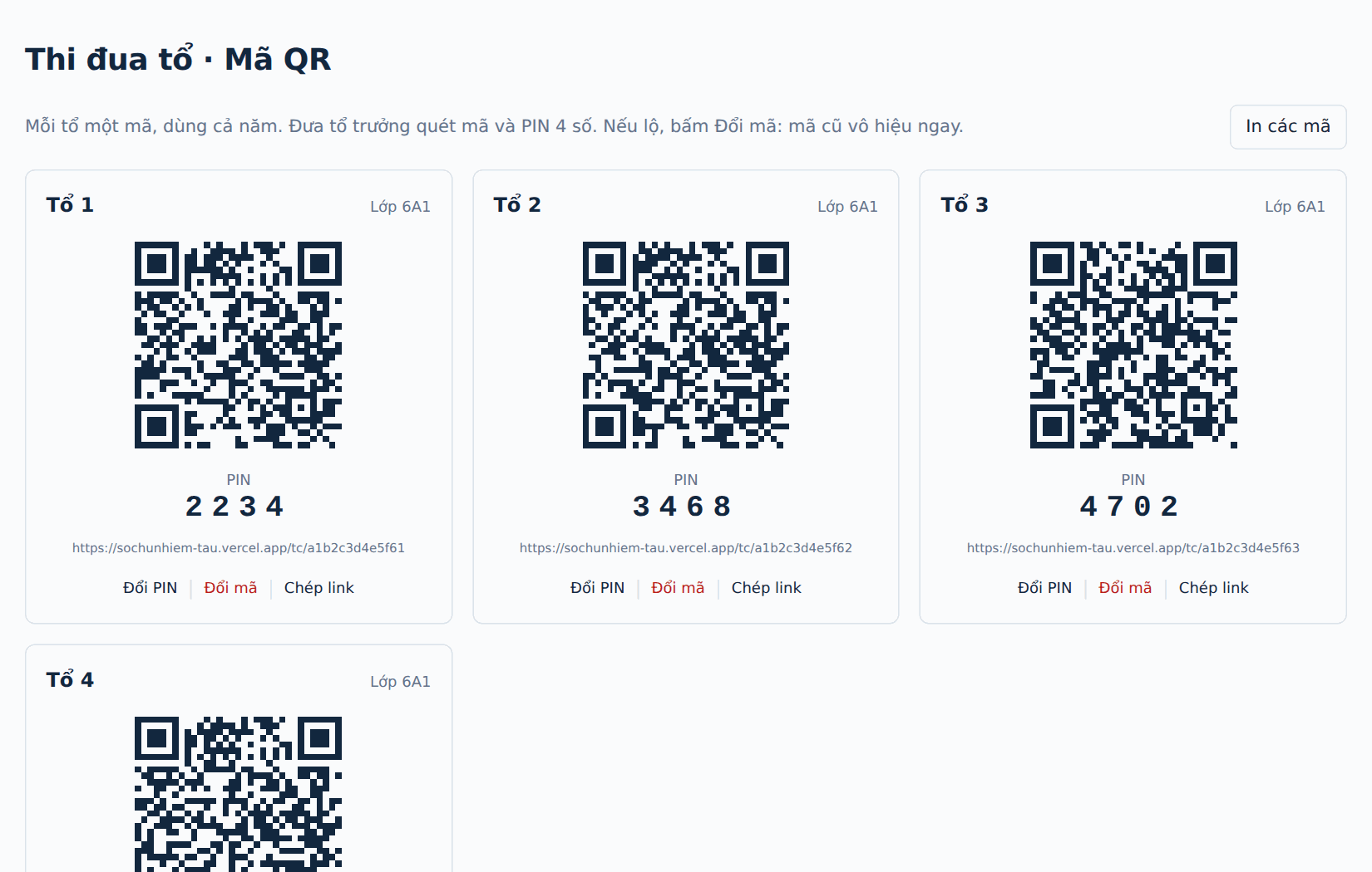 Mỗi tổ một mã QR kèm PIN, in được; đổi mã nếu lộ